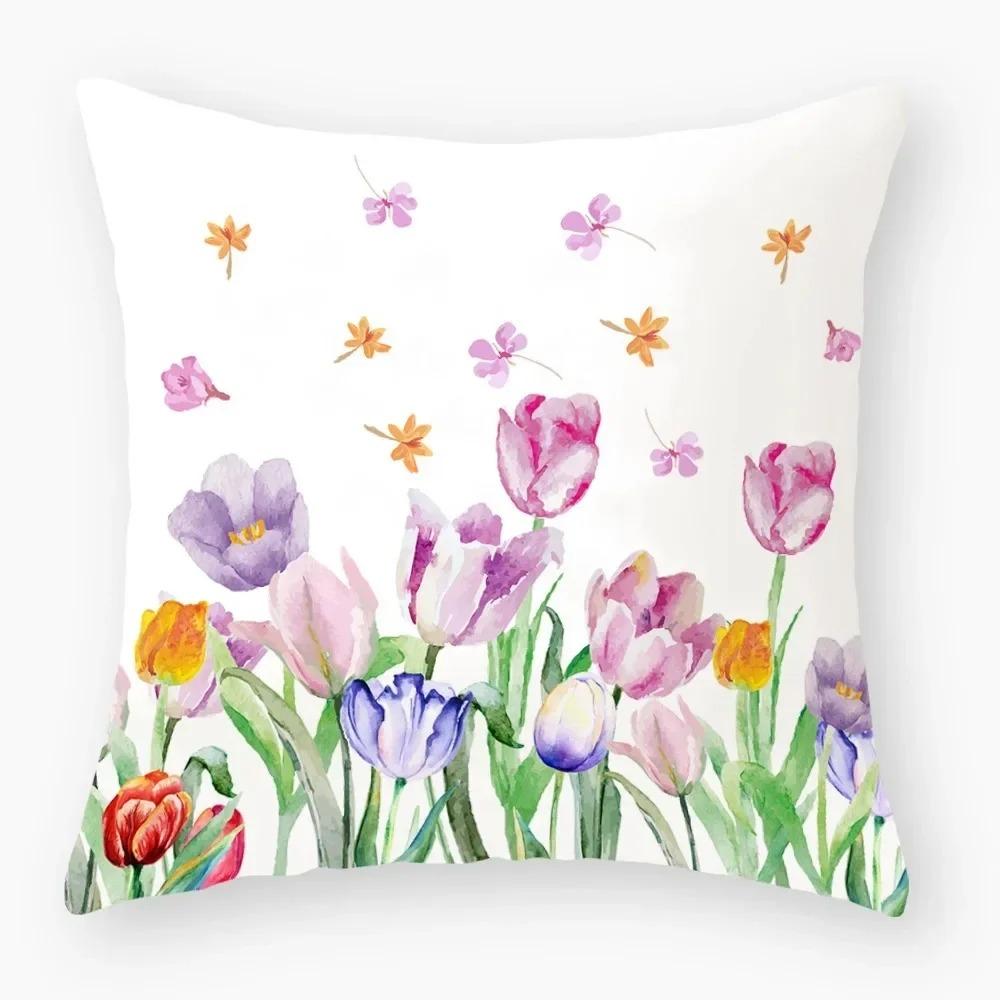Flower Theme Print Decorative Pillow Cover Car Sofa Square Cushion Pillow Cover