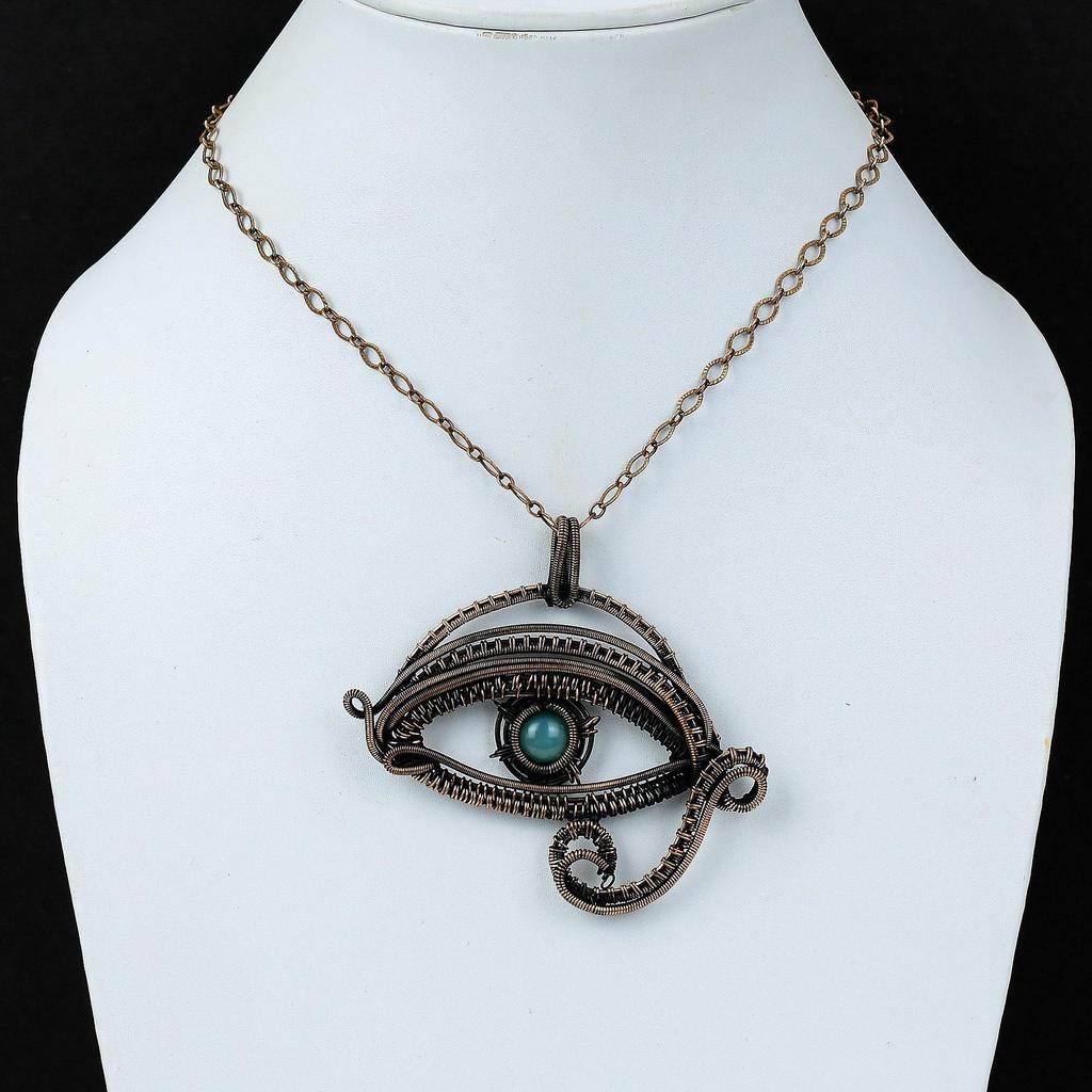 Pingente de água-marinha com mau-olhado, fio de cobre enrolado, pingente feito à mão, joia de cobre, presente para ele, pingente de pedra preciosa real, joia enrolada em fio