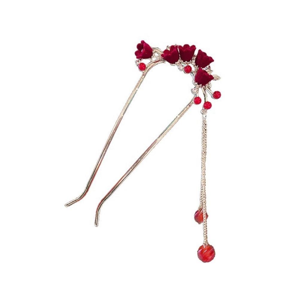 1pc Ancient Style New Year Red Flower Tassel U-shaped Hairpin Women High-end Flocked Alloy Hairpin Elegant Hanfu Headwear