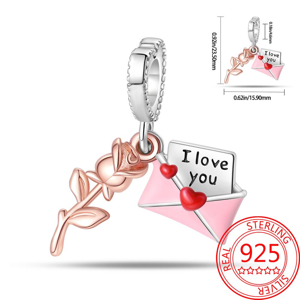 Breloque Pendentif Perles Cœur Rose Scintillant Cuivre Compatible Bracelet Original Pour Femmes Bijoux Cadeaux Saint-Valentin