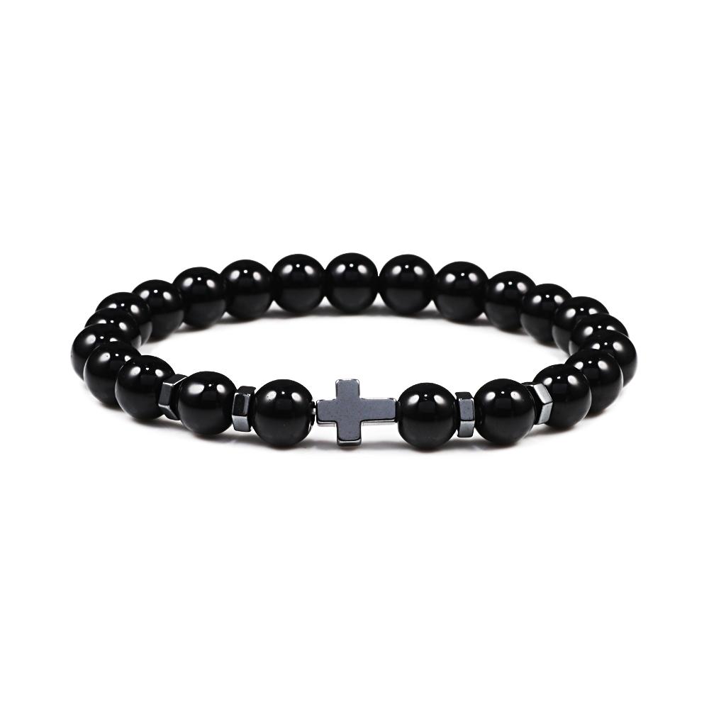 Dropshipping Hot Men Natural Lava Stone Bead Bracelets Hematite Cross Rosary Meditation Prayer Jesus Bracelet Women Yoga Jewelry