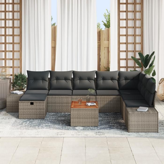 VidaXL Ensemble de canapé de jardin 9 pièces avec coussins Gris Poly Rattan 3359608