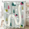 Outdoor Shower Curtain with Cartoon House Trees Road Design for Bathroom Decor Green Yellow Pink White Colors Pattern Waterproof