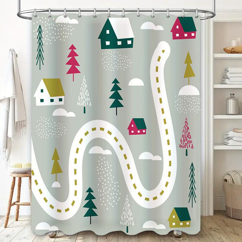 Outdoor Shower Curtain with Cartoon House Trees Road Design for Bathroom Decor Green Yellow Pink White Colors Pattern Waterproof