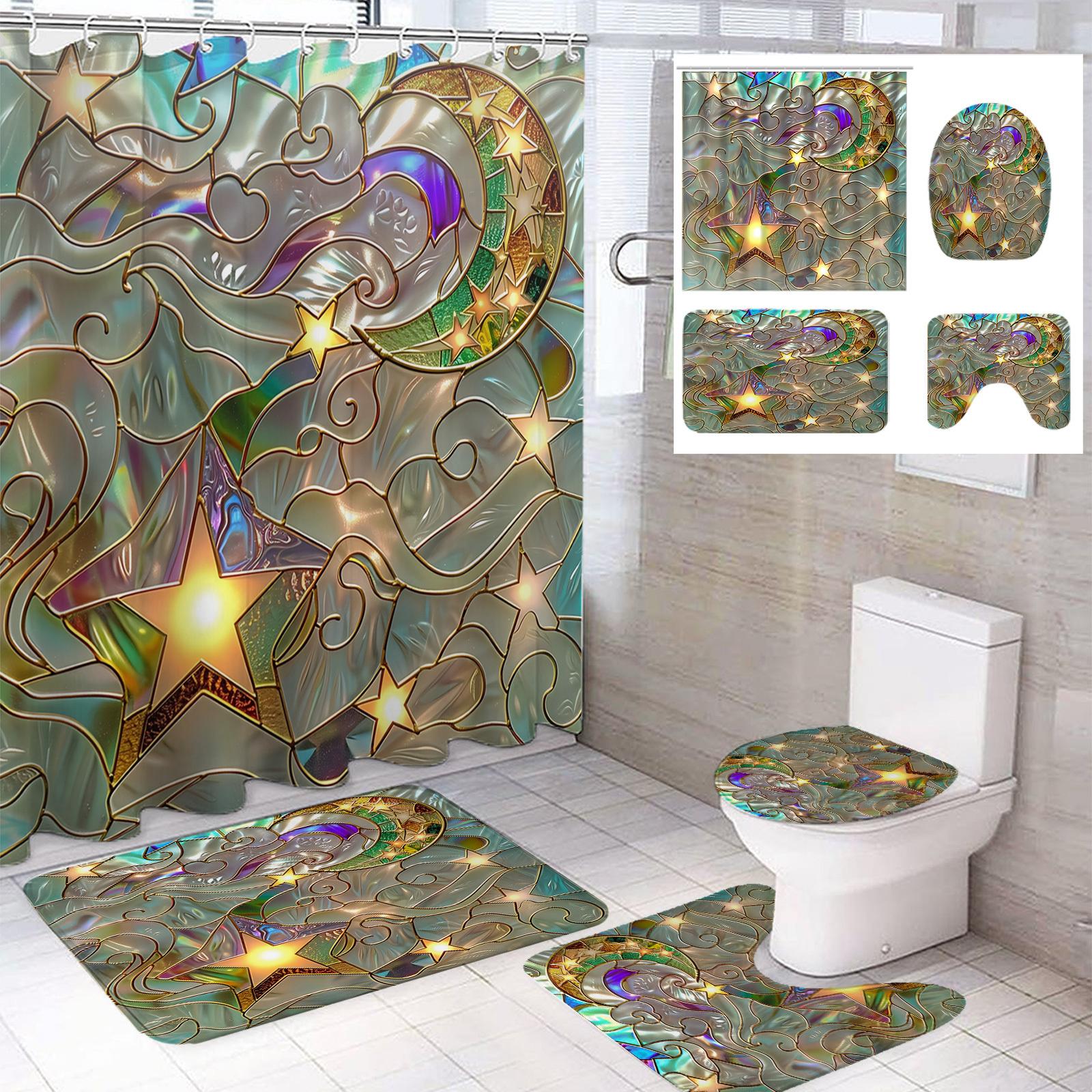 

Stained Glass Bathroom Set - Star & Moon Shower Curtain, Toilet Cover & Mats, Artistic Decor With Magical Vibes W60H190(CM)-1 Pcs