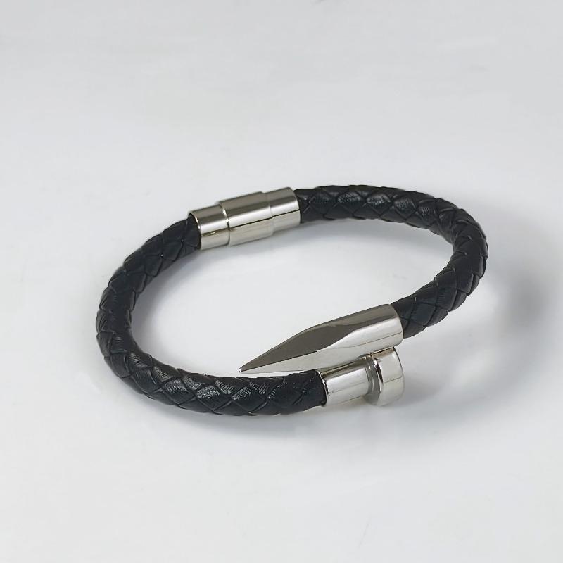 Meier Stainless steel nail bracelet braided leather cord bangle - minimalist retro titanium steel couple s jewelry 20cm