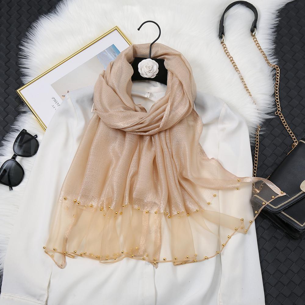 Fashion Luxury Silk Scarf For Women Shawls With Beads Long Scarf For Women Female Foluard Stoles Bandana Head Wraps Headscarf
