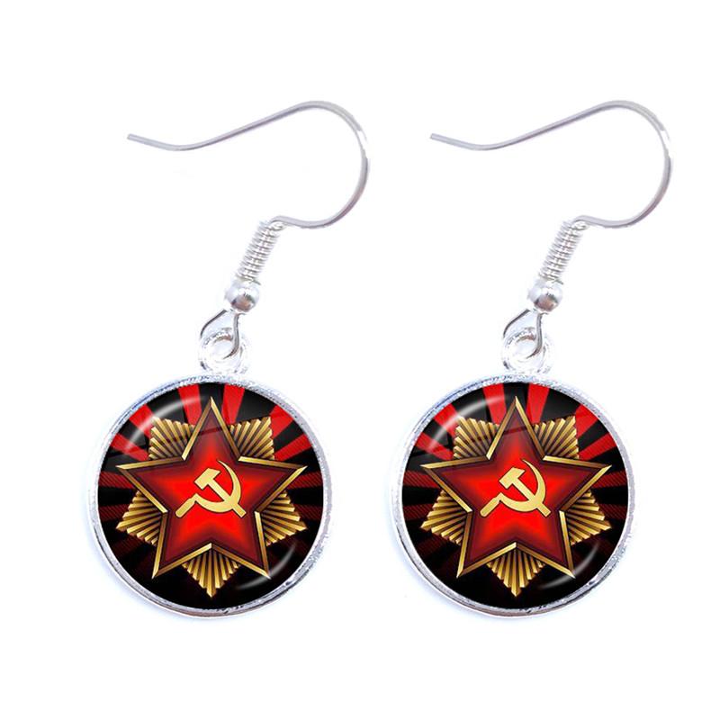 Soviet USSR Stalin Lenin Drop Earrings Classic Red Star Hammer Sickle Communism Emblem CCCP Glass Cabochon Ear Jewelry For Women
