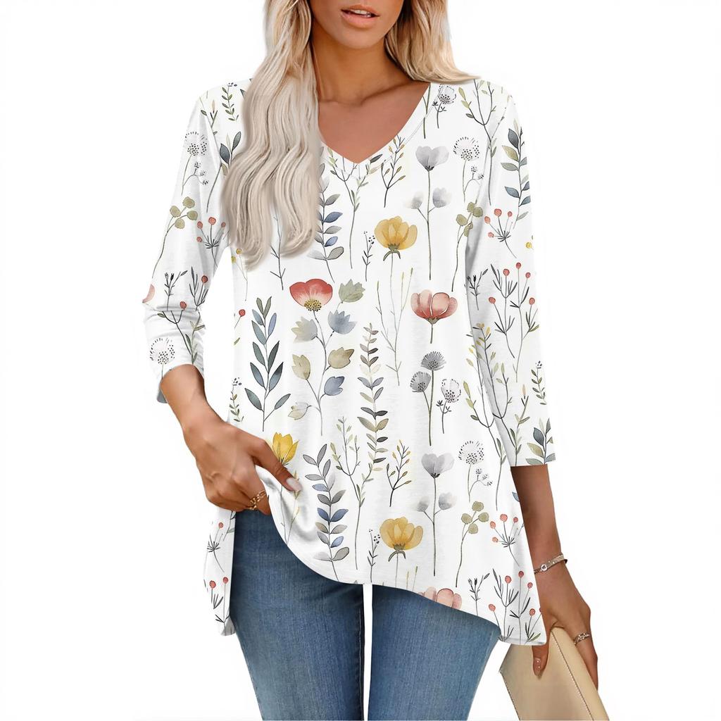 Womens Tops V-neck 3/4 Sleeve Blouses Casual Mid-length Shirts Fashion Print Tunic Tops