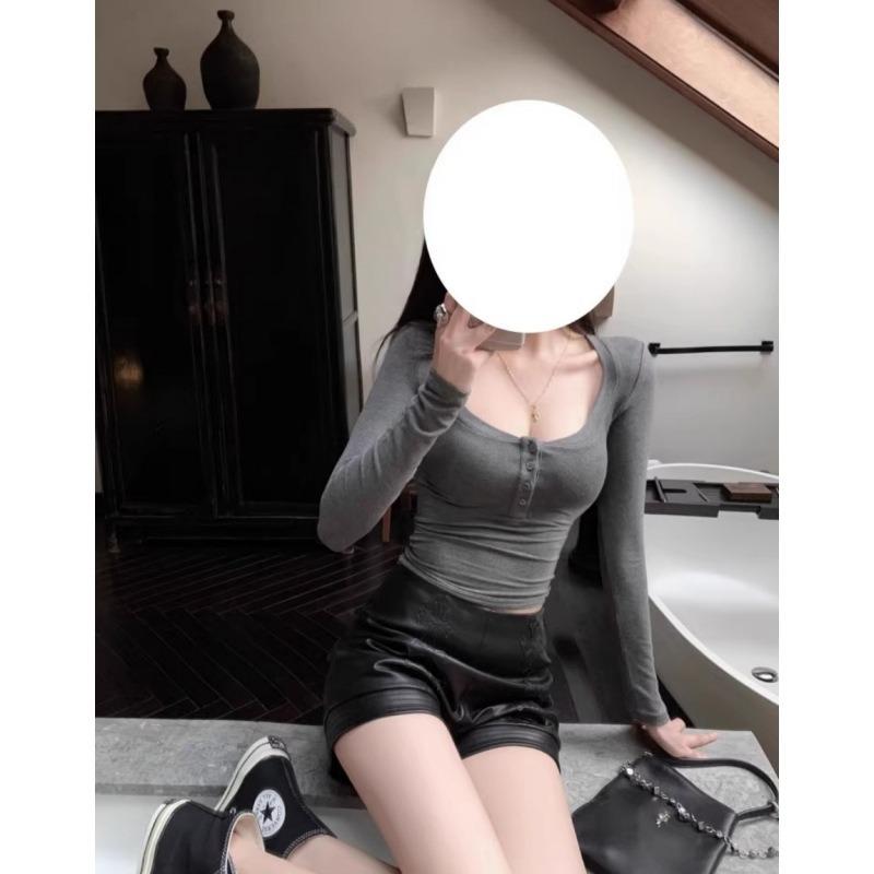 Pure Desire Large Neckline Bottoming Shirt Top Women's Spring Sexy Pure Desire Style with Short Fashionable Age-reducing Shirt