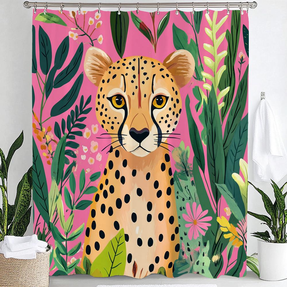 Tropical Plants, Flowers and Pink Leopards Print Waterproof Shower Curtain Hanging Curtain 12 Hooks Decoration Machine Washable