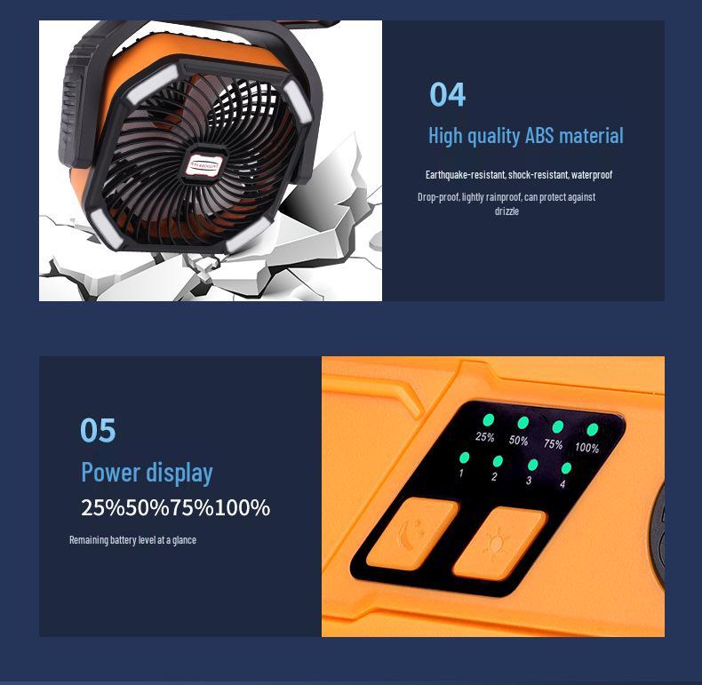 Portable Silent Camping Fan with Light & USB Charging - Large Capacity Outdoor & Fishing Oscillating Fan