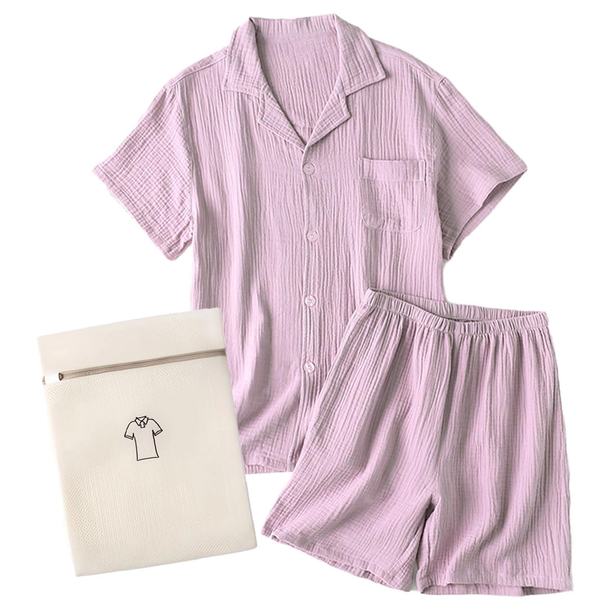 

Plumir Cotton Gauze Pajama Short Sleeves and with Includes Laundry Pink or One Size Fits Women s 100% Set, Shorts, Cups, Bag, Blue, M-L (Pink) розовый