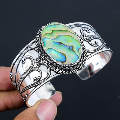 Natural Abalone Shell Gemstone Silver Bangle | 925 Sterling Silver | Adjustable Bangle | Handmade Silver Bangle Jewelry for Women & Girls
