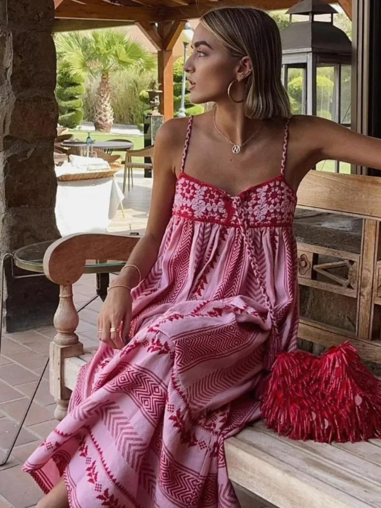 Summer Elegant Loose Sleeveless Sling Dress Women Designer Vintage Natural Off Shoulder Print Dresses Female Fashion Casual Thin Knit Clothing