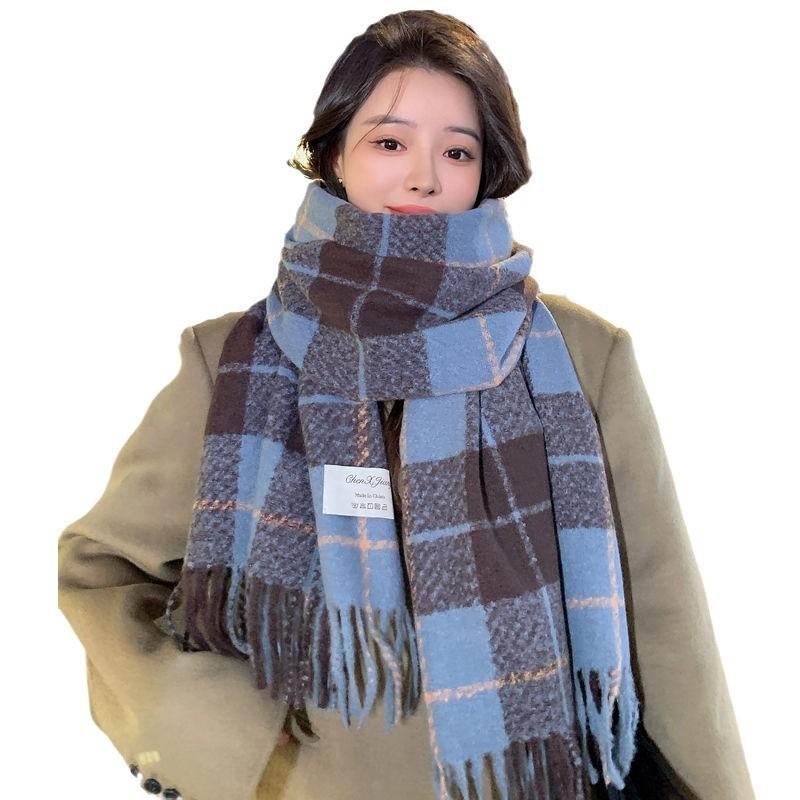 Plaid Student Scarf for Women Autumn and Winter Korean Version Versatile Plaid Contrast Color Imitation Cashmere Autumn and Winter Long Shawl