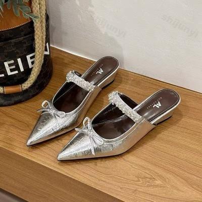 Women's High-heel Slippers Fashion Non Slip Silver Bowtie Mary Jane Female Pointed Toe Retro Gladiator Soft-soled 2025 Slippers