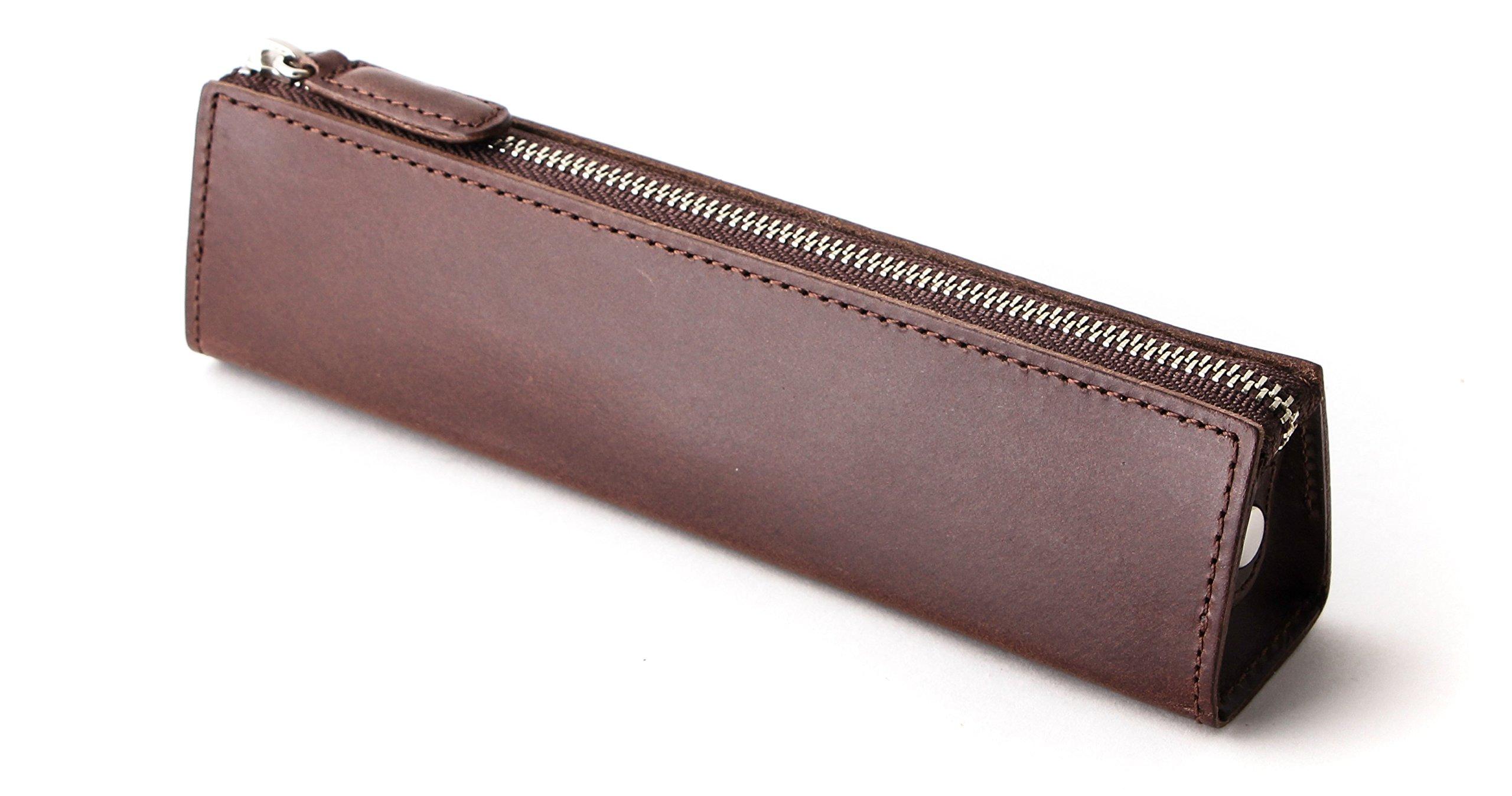

Leather Pencil Case for Students and Working Men and BT Zipper Pen Triangular Dark Brown SLIP-ON Adults, Women, Slip-On Case, Medium, Stand,