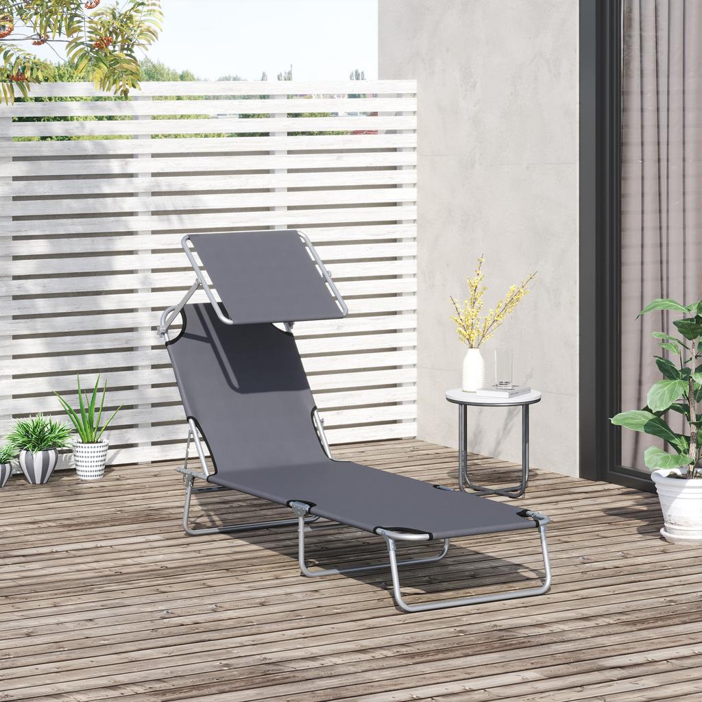 Folding Sun Lounger Garden Lounger, Sunshade, 4-position Adjustable Backrest, up to 120 kg, Grey