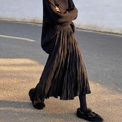 Plus Size Deerskin Gold Velvet Pleated A-Line Skirt for Women