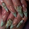 24Pcs Gold Cat Eye French Pearl Fake Nails Medium Almond Glitter Irregular Line Press On Nails