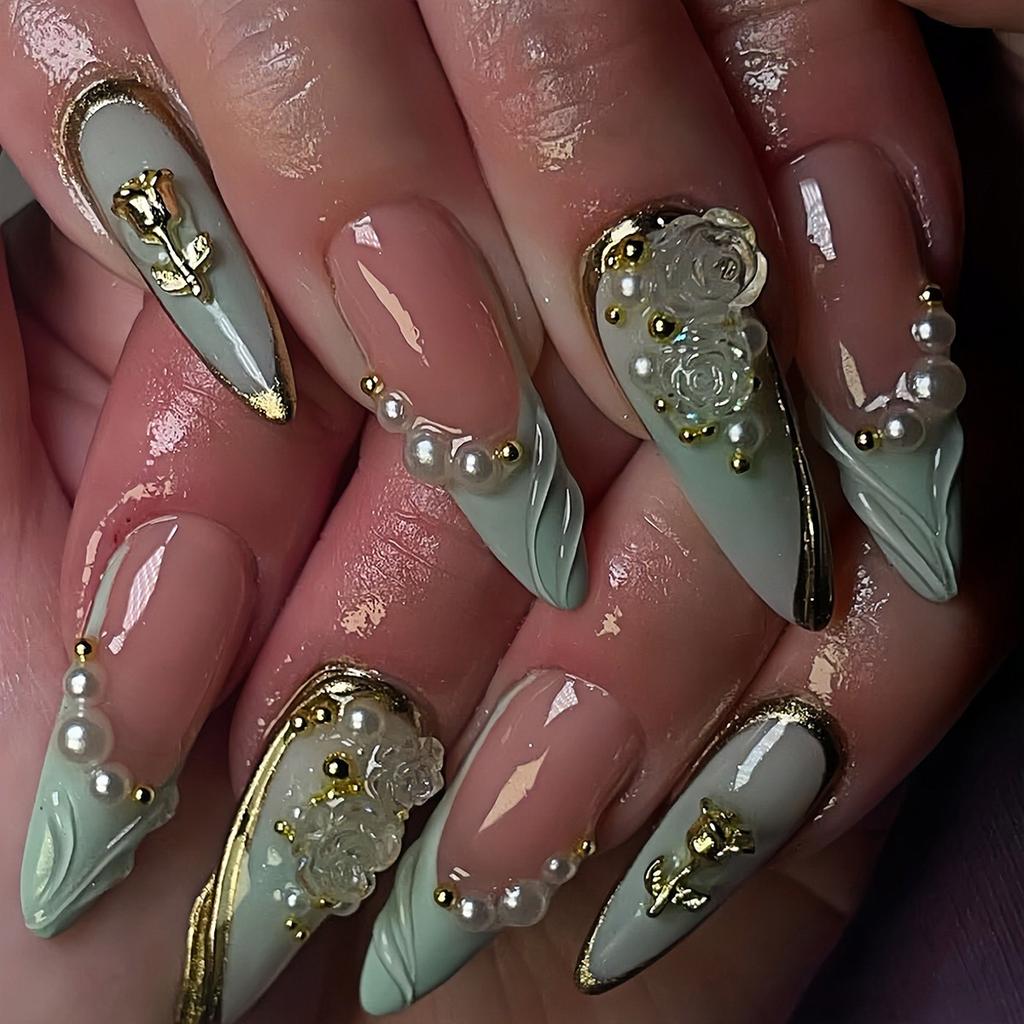 24Pcs Gold Cat Eye French Pearl Fake Nails Medium Almond Glitter Irregular Line Press On Nails