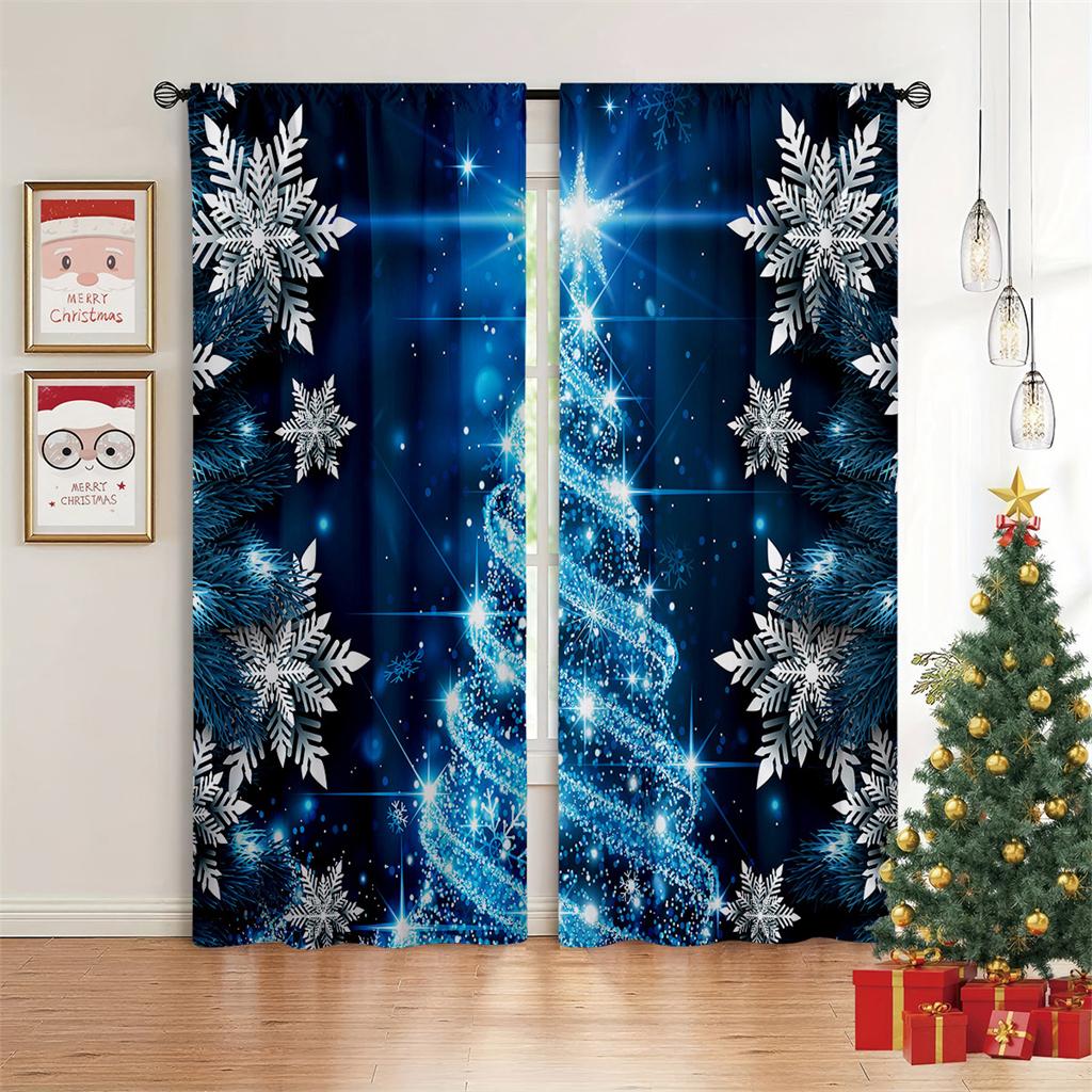 Christmas Holiday Decor Curtains Blue Bells Red Santa Bedroom Kids Room Decor Living Room Kitchen Window Decor Curtains 2 Panels