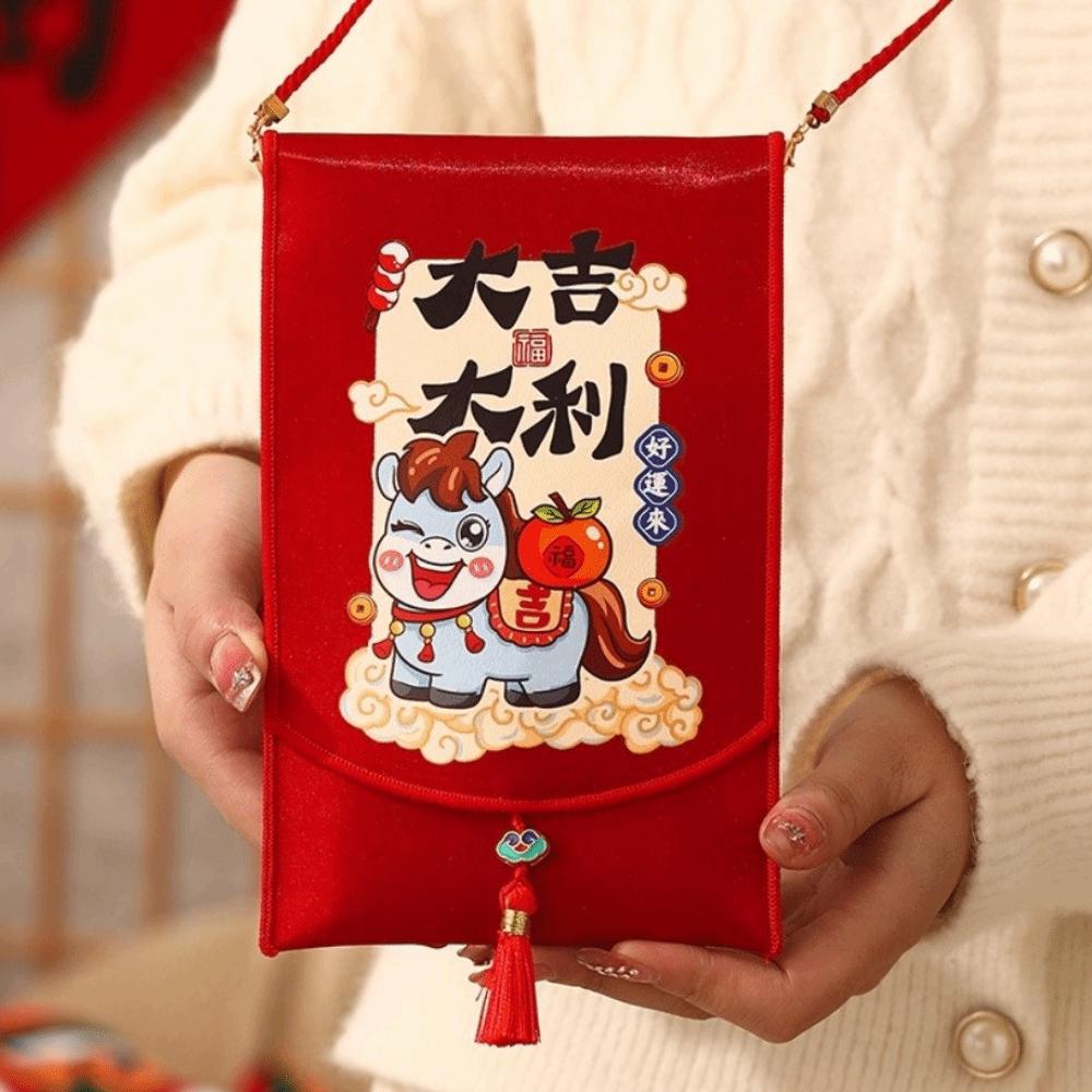 Traditional Spring Festival Red Envelope Tassels Printed Lucky Money Packet Cloth Hongbao Children's Money Bag Kids Gift