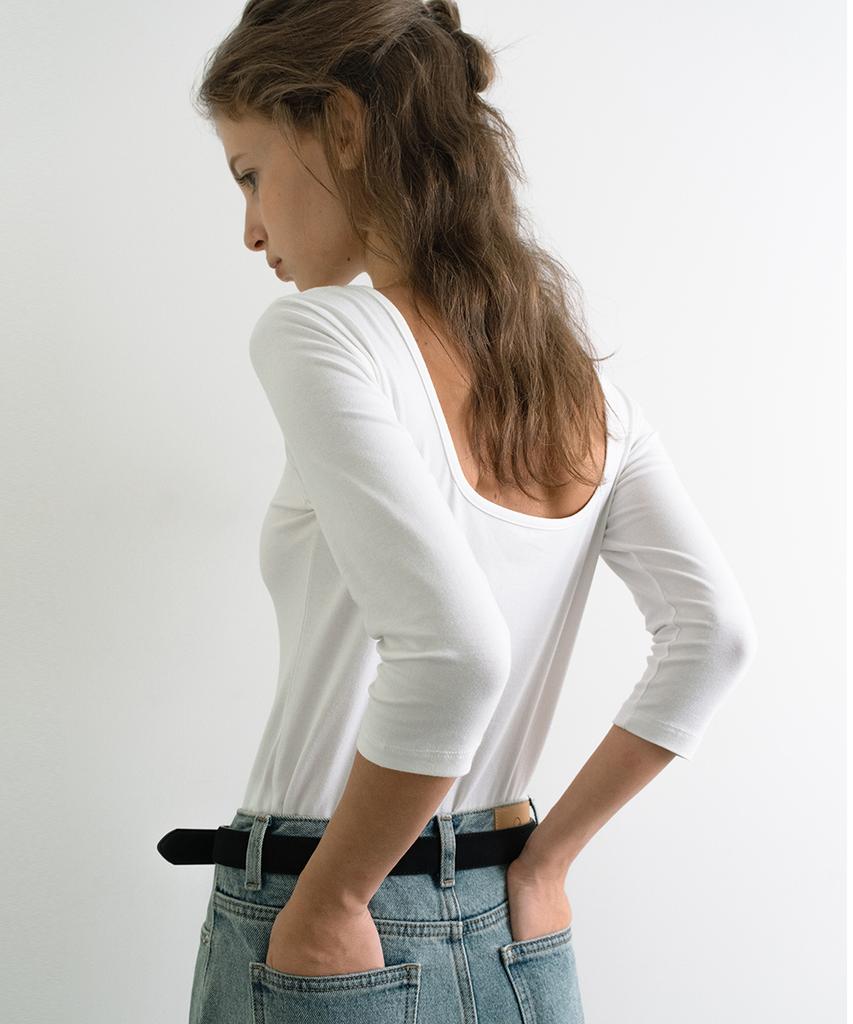 LAMINEZ Boat Neck Back Round T-Shirt - Ivory