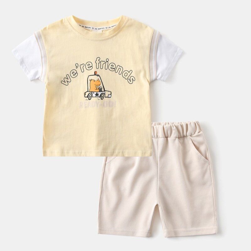 Boy Summer Short-Sleeved Top Suit Baby Cartoon Hippo Car Two-piece Set Kids Pure Color Shorts Clothes