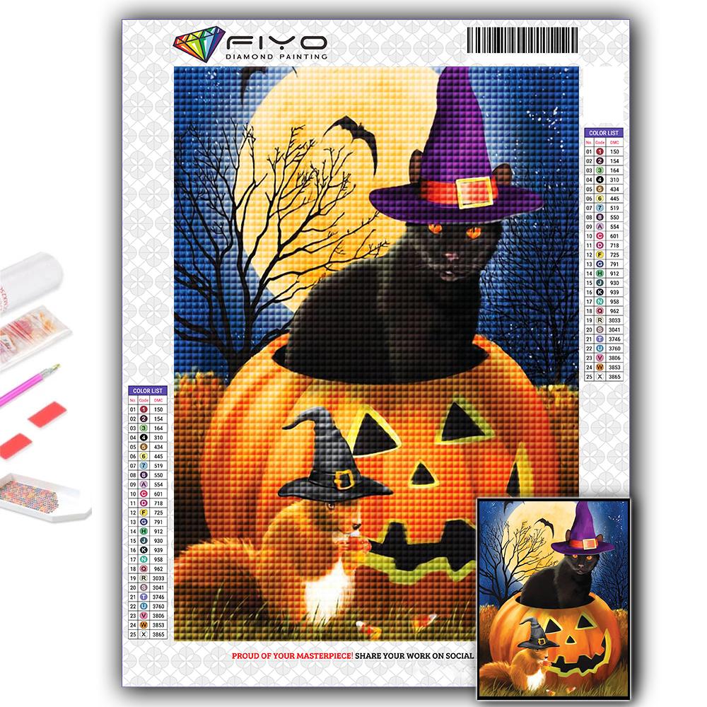 VAIIEYO 5D Diamond Painting Kit – Zucca Di Gatto, Halloween, 35x35 Cm, Completo Di Tela, Diamanti E Strumenti