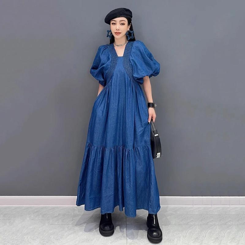 Xitao Pleated Patchwork Loose Denim Dress ZMY1278