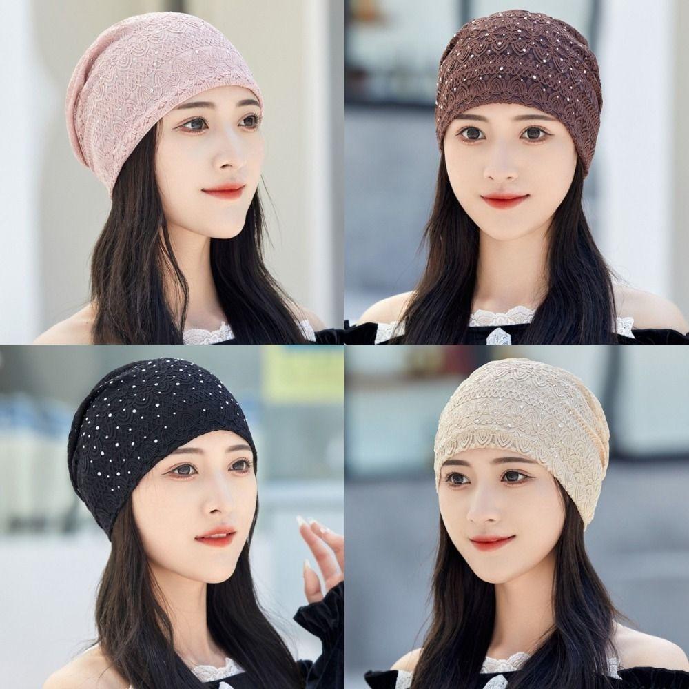 Ethnic Style Warm Bonnet Caps Rhinestones Hijab Turban Cap Casual Lace Beanie Hats  Autumn Spring