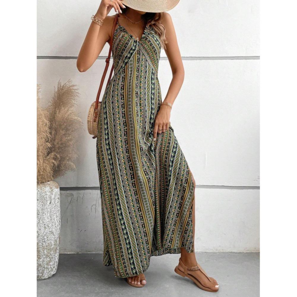 women s Boho Ethnic Print Criss Cross Backless Spaghetti Strap High Waist Split Long Maxi Dress S
