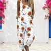 Women Plus Size White Halloween Pumpkin Printed Square Neck Sleeveless Loose Jumpsuit With Pockets Cuffed Ankle