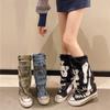 2025 Women's Canvas Trouser Leg Boots with Letter Graffiti - Pleated Slouchy Boots Unique Design