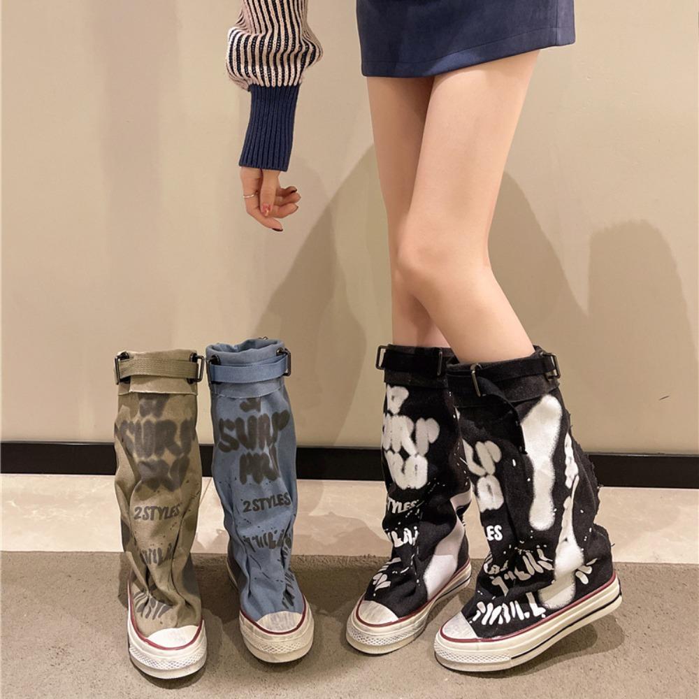 2025 Women's Canvas Trouser Leg Boots with Letter Graffiti - Pleated Slouchy Boots Unique Design