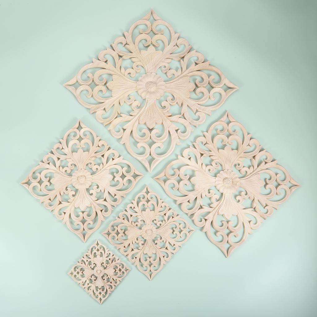 1pc Square Carved Unpainted Wood Ornamental Applique Mouldings Onlay Decal Hollow Flower Cabinet Furniture Decor