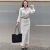 Spring and Autumn New European and American Women's Clothing Cross-border Shirt Long Sleeve Cardigan Top Belt Skirt Two-piece Set