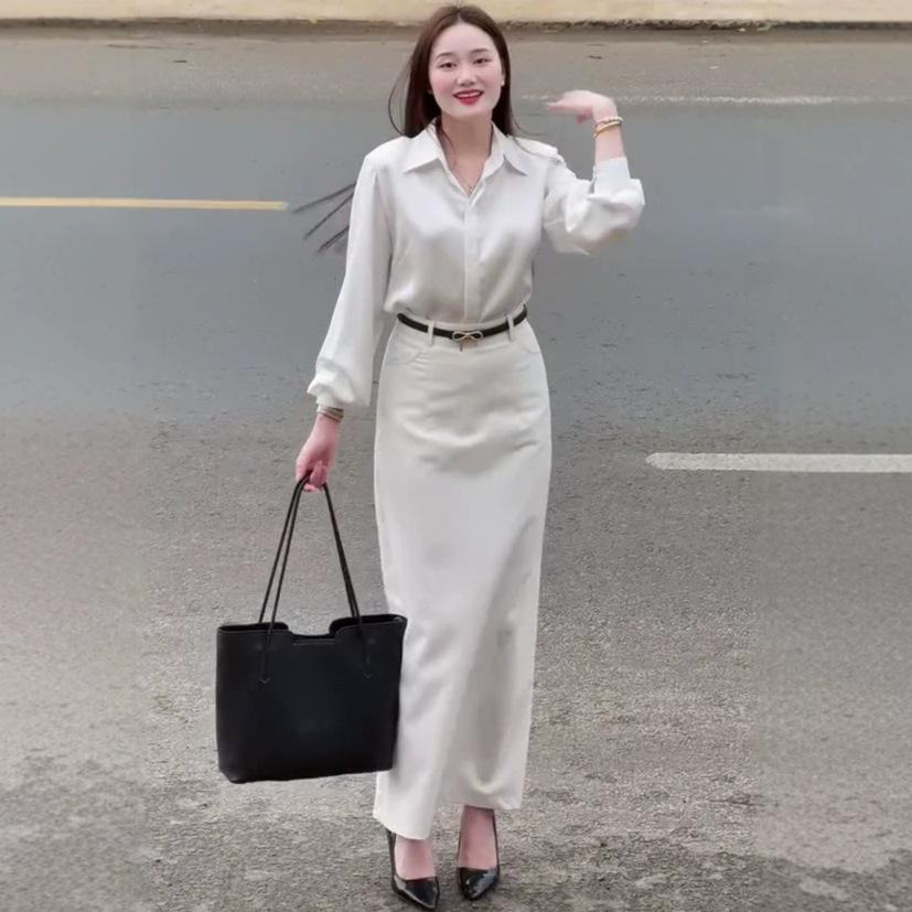 Spring and Autumn New European and American Women's Clothing Cross-border Shirt Long Sleeve Cardigan Top Belt Skirt Two-piece Set