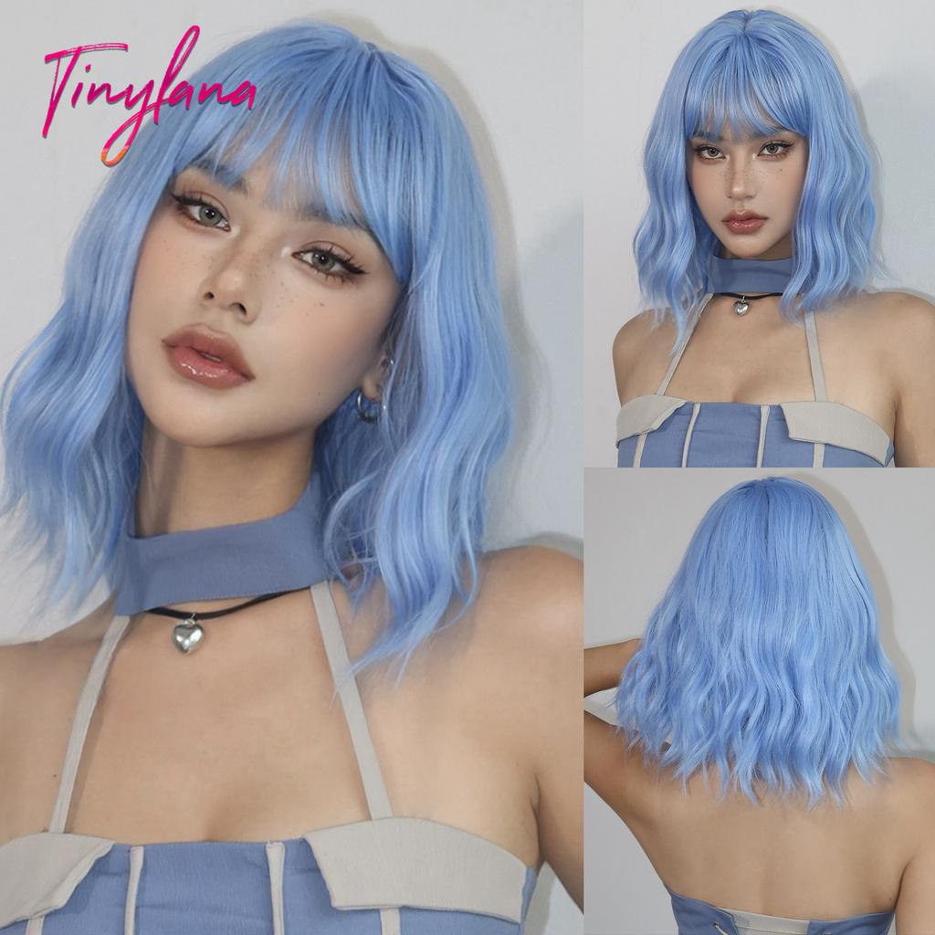 Pink Purple Mixed Blue Curly Wavy Synthetic Wigs with Bangs for Women Colorful Party Cosplay Natural Hair Wig Heat Resistant Use