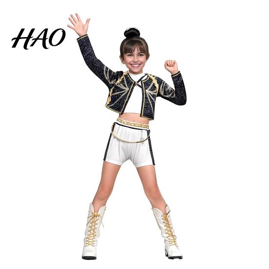 Intricate Detail Cosplay Dress Pop Singers Costume Stage Performance Outfits Girl Dance Vibrant Ensemble Troupe Attire for Kids Halloween Carnival 130cm D