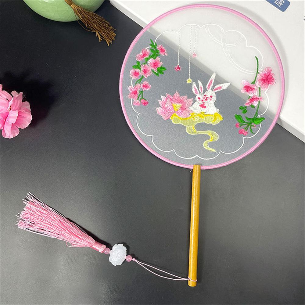 Round Double Sided Embroidery Fan Chinese Style Wooden Handle Embroidery Round Fan with Pendant Handheld Flower Silk Fan
