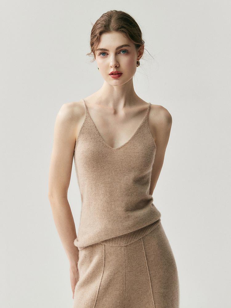 Women's V-Neck Slim Fit Cashmere Knit Spaghetti Strap Vest - Autumn/Winter 2026 Base Layer Top