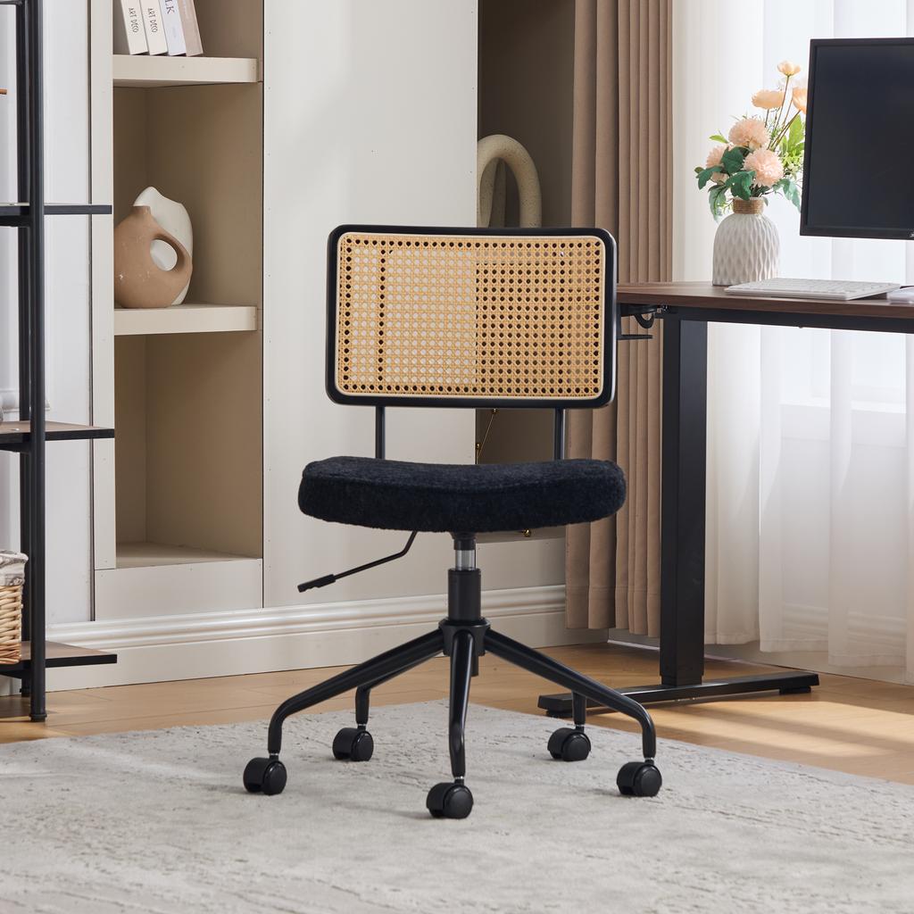 Vintage Rattan Office Chair with Wheels - Adjustable Swivel Desk Chair with Chenille Fabric Seat & Wooden Frame for Home Office, Living Room-Black