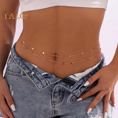 Catena per la vita da donna, doppio strato di paillettes, lunghezza regolabile, traforata, gioielli per la vita da esibizione di danza del ventre, feste, festival, discoteca, catena per il corpo