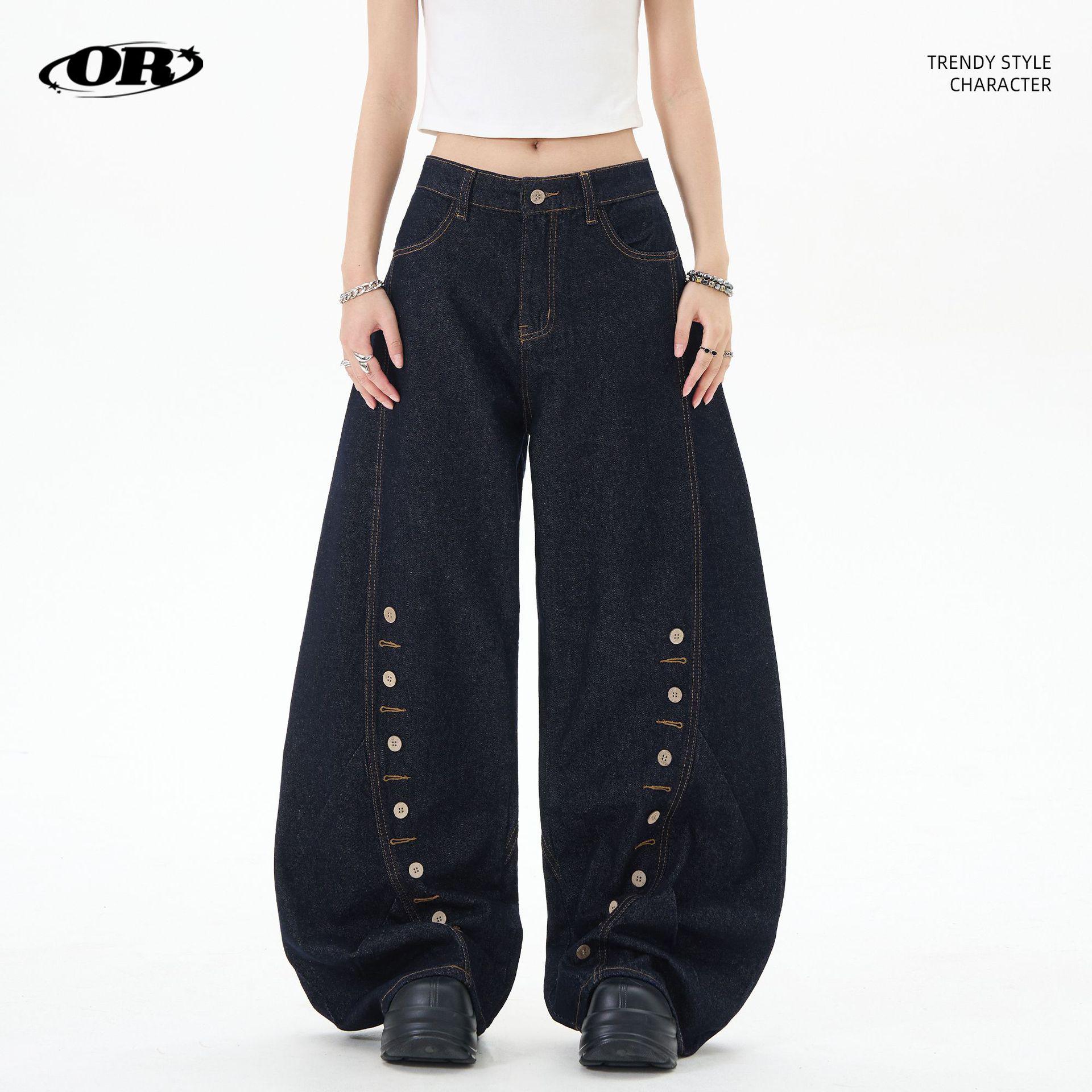 

OREETA Men s Loose Scimitar Eyelet Denim Wide-Leg Streetwear Jeans Small