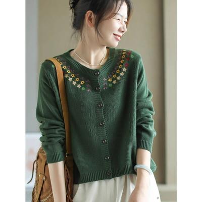 Retro Embroidered Knitted Cardigan Women's Single-breasted Round Neck Long-sleeved Sweater Solid Color Casual Top