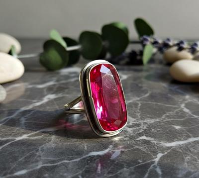 Rosa Turmalin Ring, 925 Sterling Massiv Silber, Turmalin Quarz Edelstein, Baguette Form, Damen Ring, Geschenk für Sie