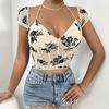 European-American Spicy Girl See-through Low-cut Lace-up Flocked Short Tank Top K0652